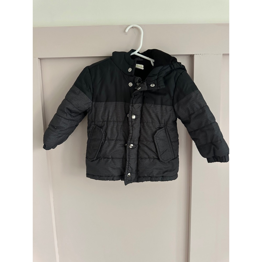 Crazy 8 Boys Black Grey Herringbone Hooded Puffer Jacket Coat 12-18 Months